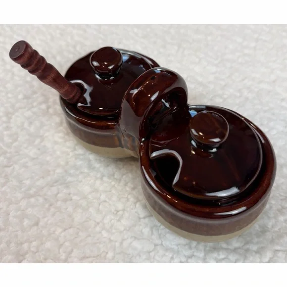 (VTG) Brown/Tan Ceramic Double Condiment Caddy Dish with Spoon - Picture 13 of 14